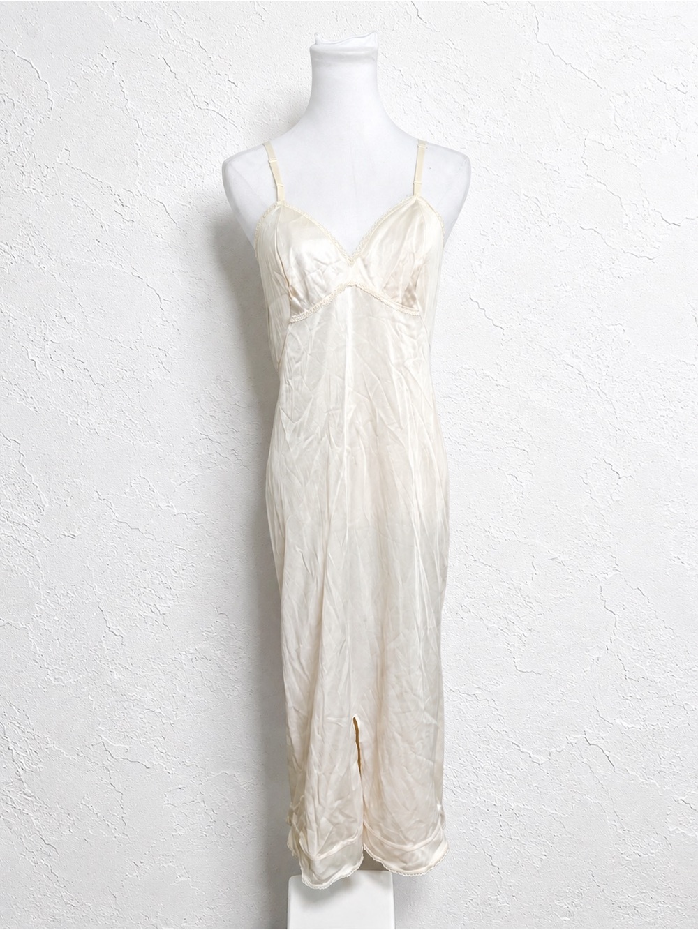 Vintage Ivory Satin Slip Dress Lace Trim Maxi Nightgown Cottagecore 38